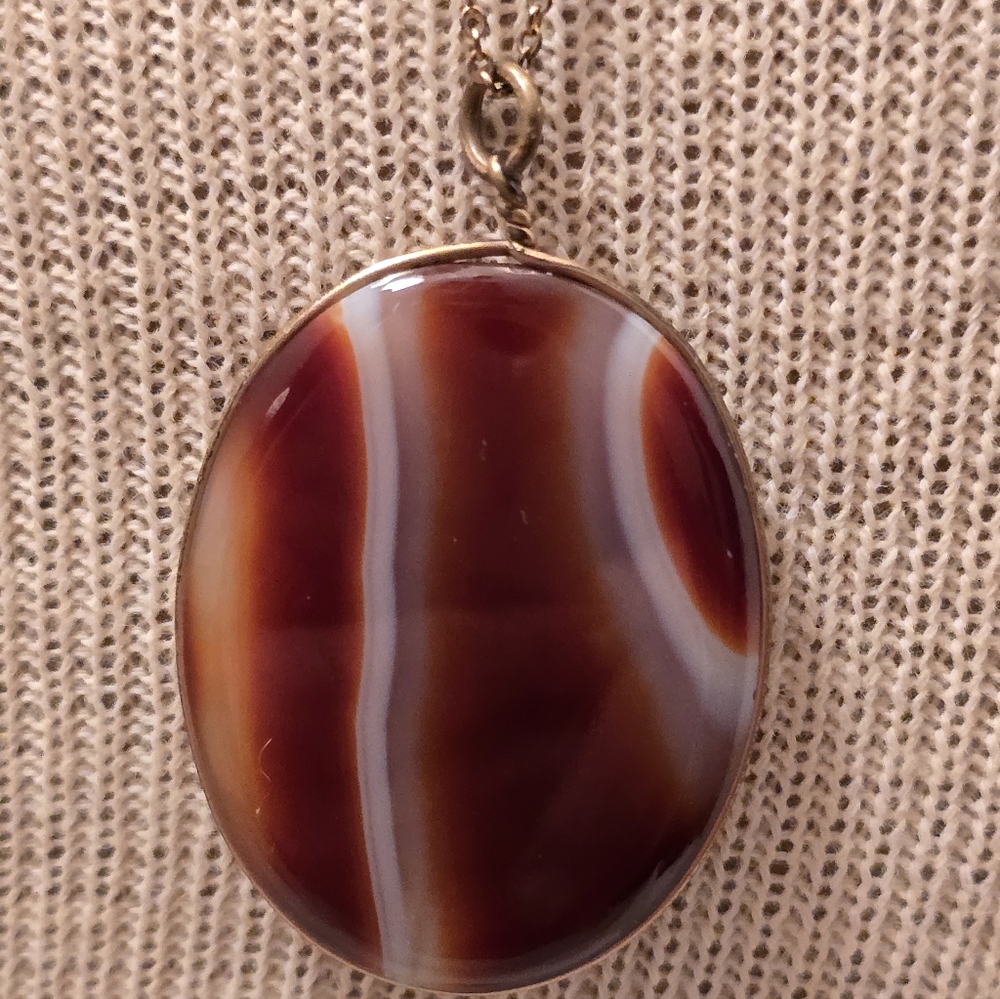 Vintage Brown Agate Pendant Goldtone Wire Wrapped W Chain - Picture 6 of 7
